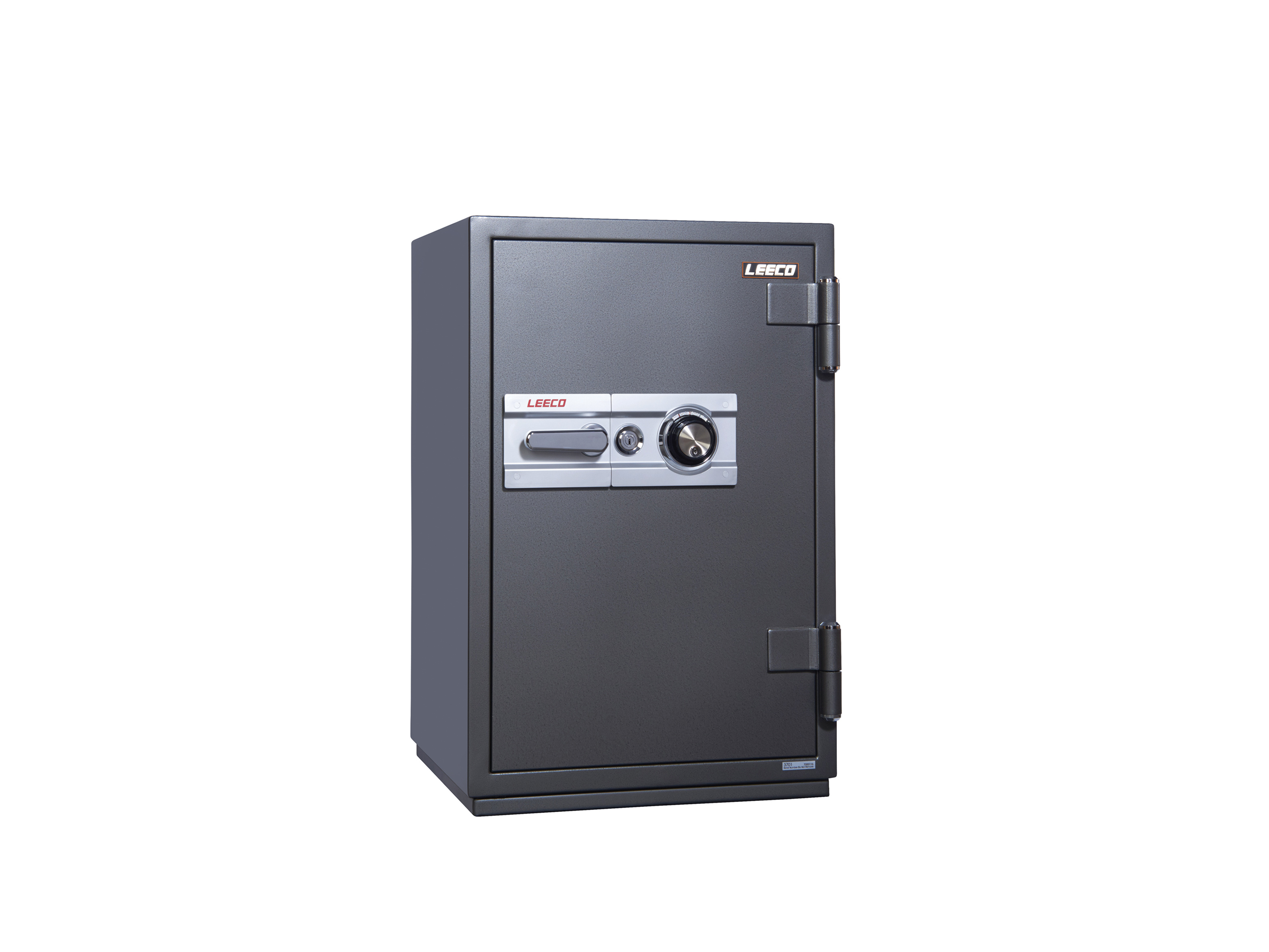 3701 Dial Combination Lock Fire Resistant Safe 190kgs, 1 shelves and 1 drawer with key. Fire Resistant rate: 1010ºc/2Hour (W590xD592xH890mm). Brand: LEECO. Made in Thailand