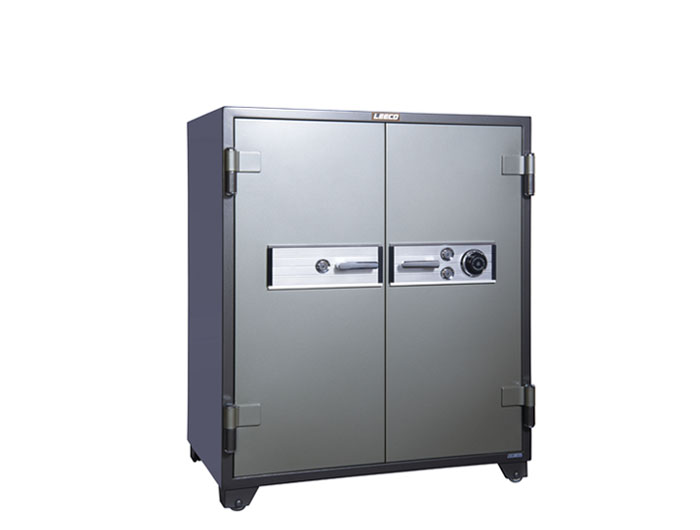 2D-201 2DOORS Dial Combination Lock Fire Resistant Safe 400kgs, 2 shelves and 2 drawer with key. JIS Fire Resistant rate: 1010ºc/2Hour (W1042xD687xH1276mm). Brand: LEECO. Made in Thailand