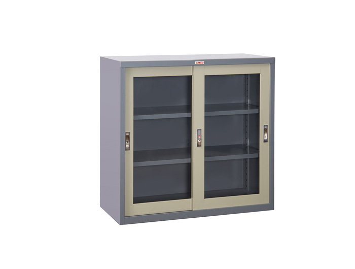 SLG303 Steel Cabinet with Glass Sliding Door (W881xD407xH880mm). Brand: LEECO. Made in Thailand.